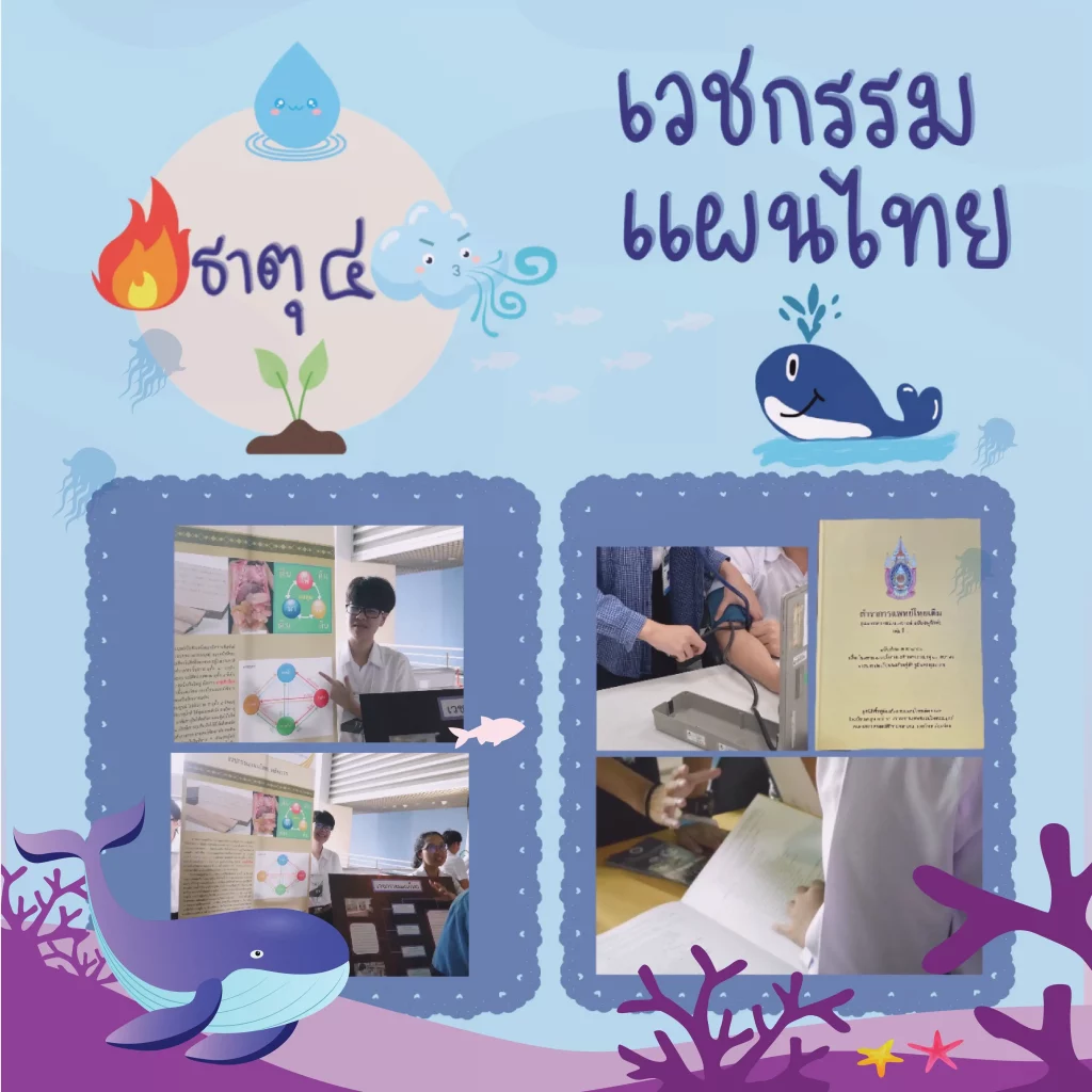 ฐานเวชกรรมแผนไทย -  ทำแบบทดสอบวิเคราะห์ธาตุเจ้าเรือน/ธาตุประจำตัว แนะนำอาหารที่เหมาะกับธาตุ -  สาธิต/แสดงตัวอย่างคัมภีร์ ตำราเรียนและอุปกรณ์ทางการแพทย์ที่ใช้ในการศึกษาและประกอบอาชีพ