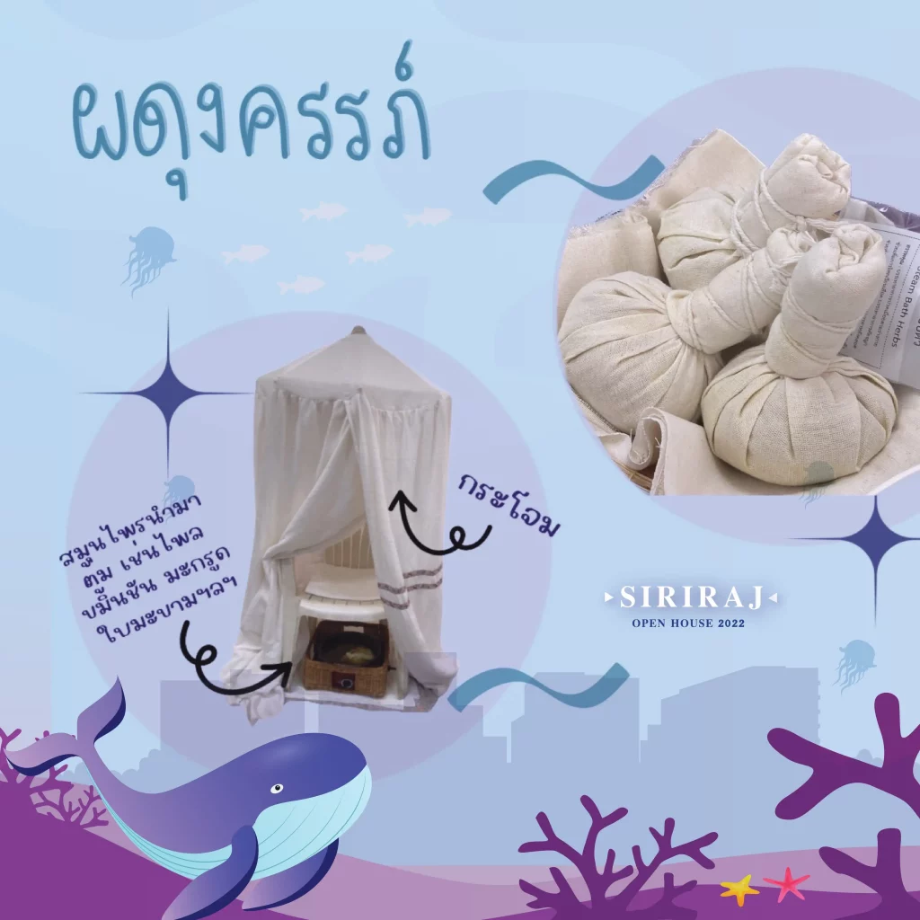 ฐานผดุงครรภ์ - การเข้ากระโจมอบไอน้ำ - แสดงอุปกรณ์นั่งถ่านของคุณแม่หลังคลอดและอุปกรณ์ทับหม้อเกลือ - ตัวอย่างอาหารที่เหมาะสมสำหรับแม่หลังคลอด - Workshop ทำลูกประคบจิ๋ว